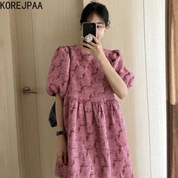 Korejpaa Women Dress Summer Korean Chic Sweet Age Reducing Pleated Three-Dimensional Texture Printing Puff Sleeve Vestidos 210526