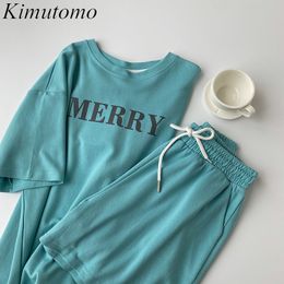 Kimutomo Summer Casual Women Two Piece Suit Korean Letter Print T-shirt + High Waist Lace Up Shorts Fashion Matching Set Femme 210521