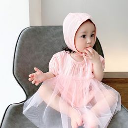 Toddler Baby Girl Solid Cotton Bodysuit Summer New Children Girls Fashion Net Yarn Short Sleeve Bodysuits With Cute Hat 210413