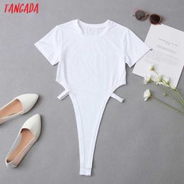 Tangada Fashion Women Hollow Out Whirt Bodysuit Short Sleeve Vintage Female Sexy Body Shirt Tops 1D275 210609