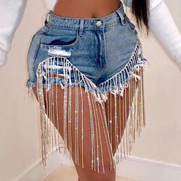 Women's Shorts Women Sexy Beads Tassel Zipper Denim 2021 Party Night Clubwear European And American Style Indie Fashion