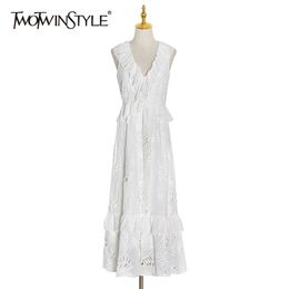 TOWTWINSTYLE Vintage Hollow Out Women Dress V Neck Sleeveless High Waist Patchwork Ruffles Dresses For Female Fashion Clothing 210520