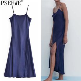 Satin Long Dress Women Camisole Blue Midi Woman Summer Strap Backless Party es Slit Pink Sexy es 210519