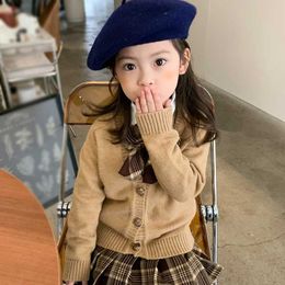 Preppy Style Khaki Thickened Cardigan Sweater Casual Fashion V-neck Long Sleeve Knitted Girls Clothes Outfits For Kids Coat Y1024