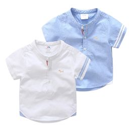 Kids Birthday Gift Clothes Summer Fashion Cotton White Blue Colour Cartoon Dog Print Short Sleeve Mandarin Collar Boys Shirt 210414