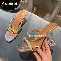 Sexy PU Women Shoes Summer Peep Toe Spike Heel String Bead Modern Slippers Party Leopard Fashion Casual Shallow 210507