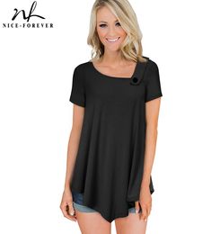 Nice-forever Summer Women Pure Colour Button Patchwork T-shirts Casual Oversized Tees tops 1btyT010 210419