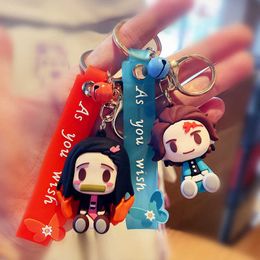 Kawaii Anime Q 3D Demon Slayer Keychain Strap Silicone Cute Tanjirou Key Chains Nezuko Boy Girl Men Bag Backpack Pendant Gifts G1019