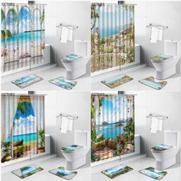 Shower Curtains Natural Scenery Print Carpet Mediterranean Building Landscape Bathroom Decor Set Non-slip Bath Mat Toilet Rugs