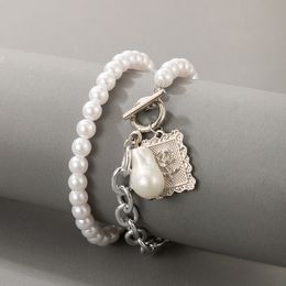 2pcs/sets Elegant Pearl Stone Rose Flowers Bracelets for Women SIlver Colour Geoemtry Alloy Metal Adjustable Jewellery