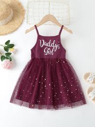 Toddler Girls Letter Graphic Gold Star Mesh Overlay Cami Dress SHE