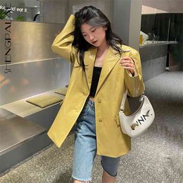 Yellow Crocodile Pattern Blazer Women's Spring Autumn Notched Loose Single Breasted Long Sleeve Suit Coat 210427