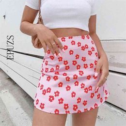 Vintage satin floral pink mini skirts womens streetwear pencil skirt korean sexy summer High waist 210521