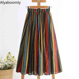 Japanese Mori Girl Women Midi Skirt High Waist Colorful Striped Jupe Femme Longo Elegant Vintage Cotton Linen Skirts Womens 210708