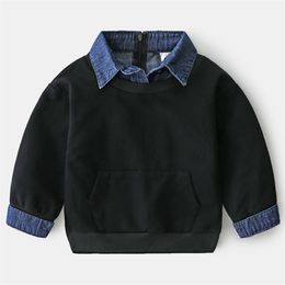 Spring Autumn Design 2 3 4 5 6 7 8 9 10 12 Years Children Turn-down Collar Denim Patchwork Sweatshirt For Kids Baby Boy 211029