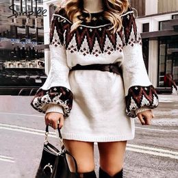 Geometric print knitted women Casual turtle neck pullover sweater dress female Autumn winter retro white vestidos 210414