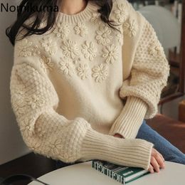 Nomikuma Flower Embroidery Korean Chic Sweater Women O Neck Long Sleeve Vintage Pullover Jumpers Autumn Pull Femme 3d185 210514