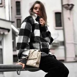 Inspired tweed jackets for women winter black white plaid women jacket Oversize jacket for women shirtwear thick jacket 210412