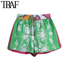 TRAF Women Chic Fashion Patchwork Printed Shorts Vintage High Elastic Waist With Drawstring Female Short Pants Mujer 210719