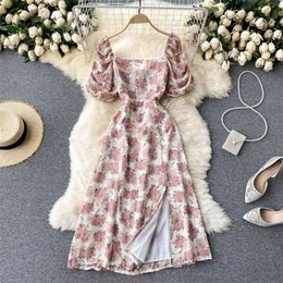 Women Fashion Sexy Square Neck Short Sleeve Chiffon Floral Print A-line Dress Pleated Clothing Vintage Vestido De Mujer S646 210527