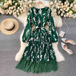 Ladies Fashion Spring Summer Dress O Neck Fold Floral Print Bandage High Waist Long Length Chic Women's 210520