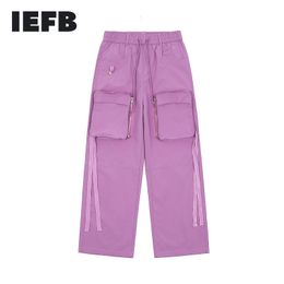 IEFB High Street Hip Hop Trousers Solid Color Straight Loose Overalls Men's Fashion Wide Leg Drawstring Legged Casual Pants 210524