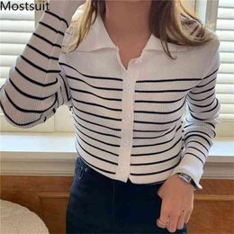 Autumn Korean Striped Knitted Cardigans Sweaters Women Long Sleeve Turn-down Collar Single-breasted Fashion Tops 210513