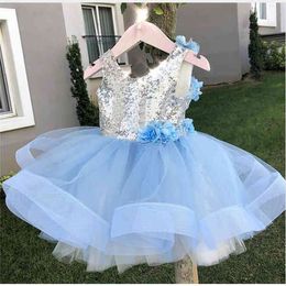 2019 Princess Sweet 3-8Y Toddler Baby Girls Party Dress Sequined Blue Lace Patchwork Flowers Sleeveless Tutu Tulle Dress Q0716