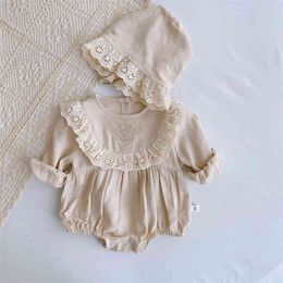 Lace Princess Toddler Romper Autumn Retro born Baby Girl Clothes Cotton Spring Pure Colour Infant Outfits 2pcs With Hats 210816