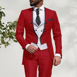 красно-белые красно-коричневые смокинг Скидка Мужские костюмы Blazers Custom Men Men Red и White Groom Tuxedos круглые отвороты жениха 3 штуки комплект (куртка + брюки жилет галстук) D374