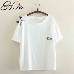 Japan Style Kawayi Women Summer T-shirt Tops O-Neck Embroidery Fish Cotton TShirt Spring Shirts Befree Top Tee 210430