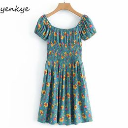 Holiday Summer Dress Women Sexy Square Neck Short Sleeve Elastic Waist A-line Casual Vintage Green Print Robe 210514