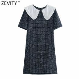 Zevity Women Vintage Agaric Lace Peter Pan Collar Patchwork Houndstooth Slim Mini Dress Female Chic Casual Kimono Vestido DS8111 210603