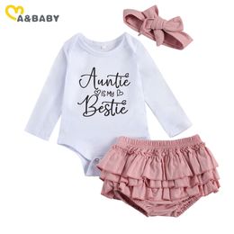 0-18M Spring Cute born Infant Baby Girl Clothes Set Letter Long Sleeve Romper Ruffles Shorts Outfits 210515