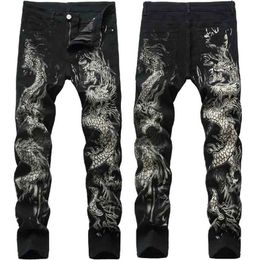 mens Chinese trendy dragon black skinny jeans stretch comfortable fashion hip-hop pants Streetwear print trousers 210716