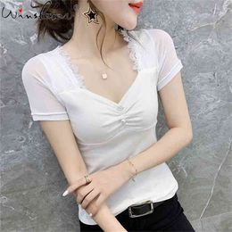 Women Cotton T-shirt Summer Slim Short Sleeve White Tops Retro Lace Solid Open Back Tee Shirt Blusas T03614B 210421