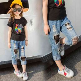 Spring Autumn Children Denim Stretch Jeans Baby Pants with Mesh Inserts for Children Girls Kids Casual Ripped Pants Trousers 210331