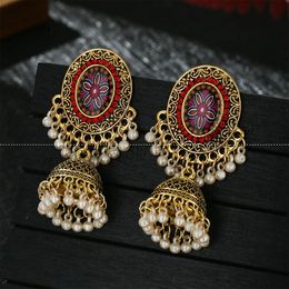 Women's Classic Oval Blue Flower Earring Femmes Bijoux Wedding Jewelry Hangers Bohemia Pearl Beads Jhumka Earrings