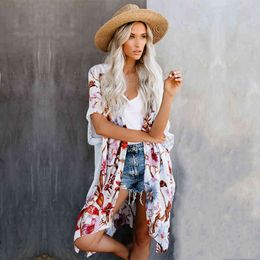 Retro Floral Print Bikini Cover-ups Boho Long Back Kimono Plus Size Tunic Women Vintage Beach Wear Swim Suit Cover Up A852 210420