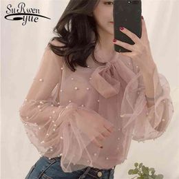 Blouse Summer Spring Women Chiffon Shirt Gauze Bow Beading Female Blouses Tops Office Shirts Blusa Pink White 4323 50 210521