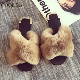 New Women's Winter Fur Cotton Slippers Cross Fuax Rabbit Fur Sandals Women's Fur Slides Warm Plush Home Shoes Ladies Flip Flops Q0508