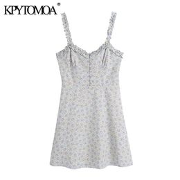 Women Chic Fashion With Buttons Floral Print Mini Dress Back Elastic Ruffled Straps Female Dresses Mujer 210420