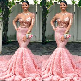 Plus Size Pink Mermaid Prom Dresses 2021 Arabic 3D Rose Flower Lace Long Sleeve Women Sequined Formal Evening Praty Gowns