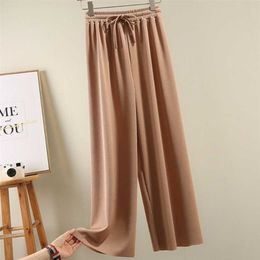 High Waist Soft Comfort Women's Pants Casual Spring Summer Woman Ice Silk Ankle-Length Trousers Female Slacks 211115