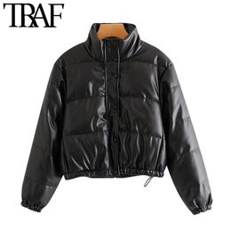TRAF Women Fashion Faux Leather Thick Warm Padded Jacket Coat Vintage Long Sleeve Elastic Hem Female Outerwear Chic Top 210415