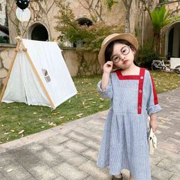 Japanese style cotton linen striped long dress for girls Spring Colour matching casual dresses kids baby girl loose clothes 210708