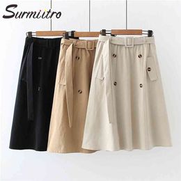 Spring Summer Skirt Women Korean Style Button Sun School Knee Length High Waist Midi Female With Belt 210421