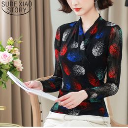 Mujer De Moda Sexy V-neck Mesh Tops Blusas Lace Blouse Slim Print Autumn Clothing Casual Long Sleeve 6210 50 210415