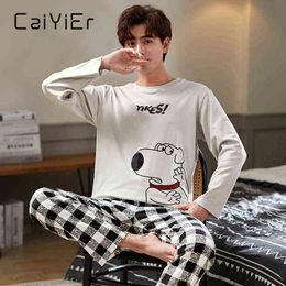 CAIYIER Autumn Winter Men Pyjamas Set Cute Cartoon Print Sleepwear Soft Loose O-Neck Male Nightwear Plus Size Lounge Wear M-3XL 211111