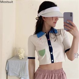 Summer Fashion Turn Down Collar Short Sleeve Knitted Sweater Women's Cropped Cardigan With Pocket Crop Tops Sweet Korean Style 210513